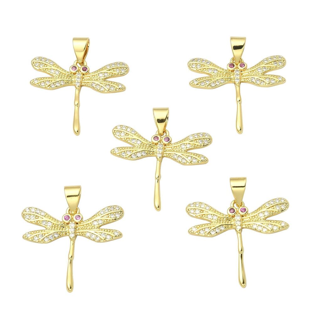 2984 10Pcs Dragonfly Brass Clear Micro Pave Cubic Zirconia Charm Pendants